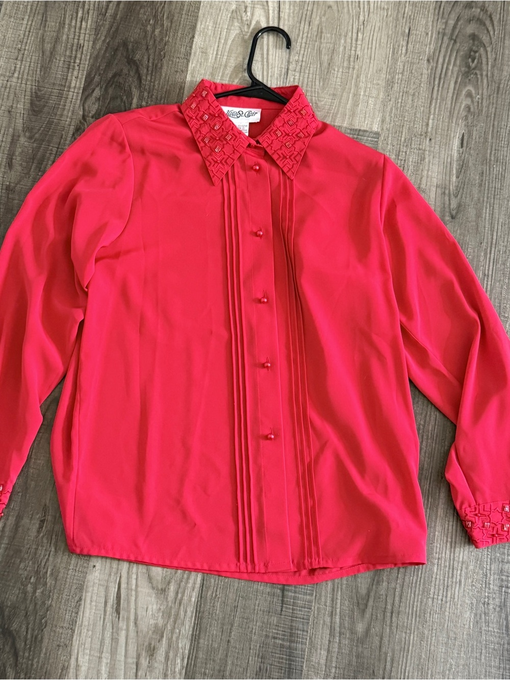Yves St. Clair Vintage Beaded Collar Button Front Blouse Red Pintuck Size 8